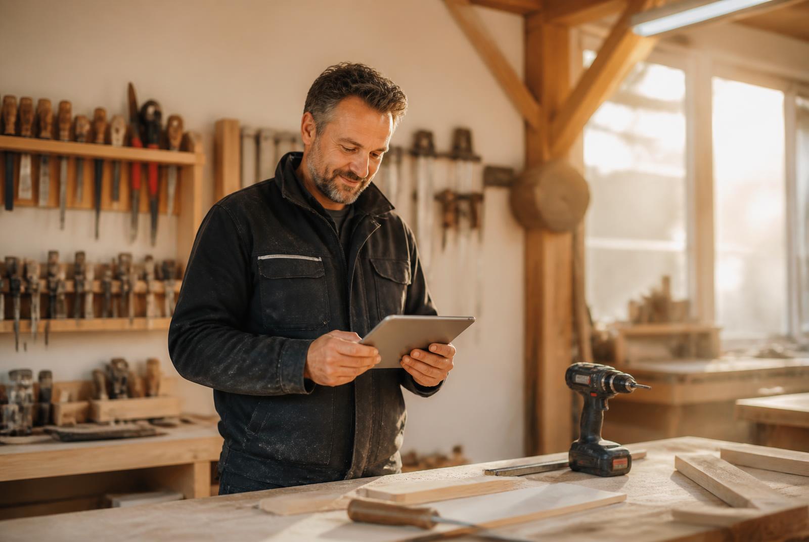 Handwerksmeister prüft eine Anfrage am Tablet in seiner Werkstatt