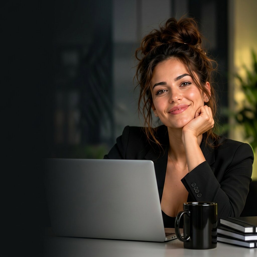 Lisa arbeitet an Marketing-Inhalten am Laptop