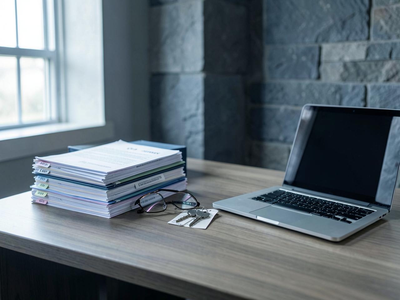 Aufgeräumter Verwalter-Schreibtisch mit Akten, Schlüsseln und Laptop